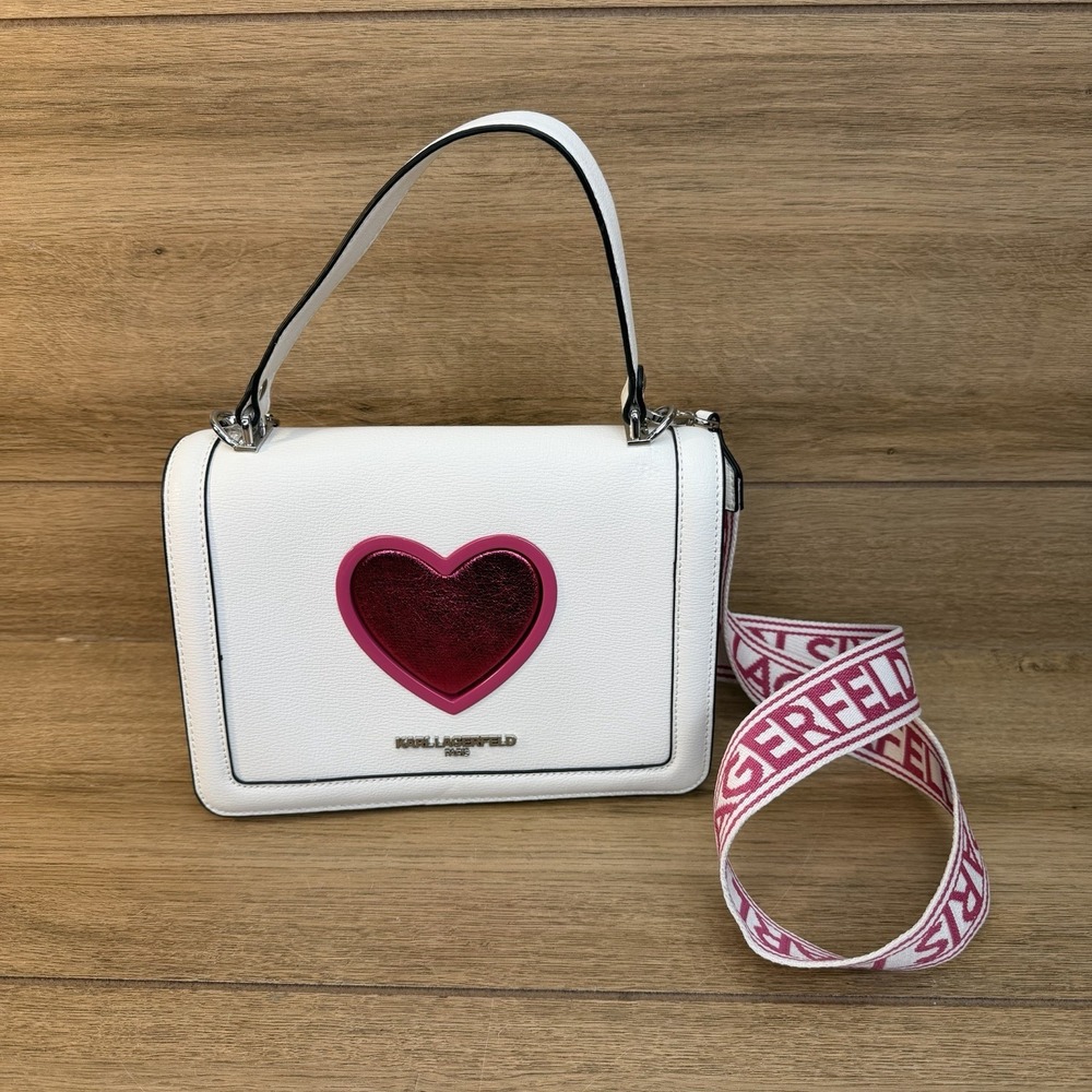 KARL LAGERFELD PARIS Simone Heart Flap Leather Bag - White/Cactus Pink Crossbody